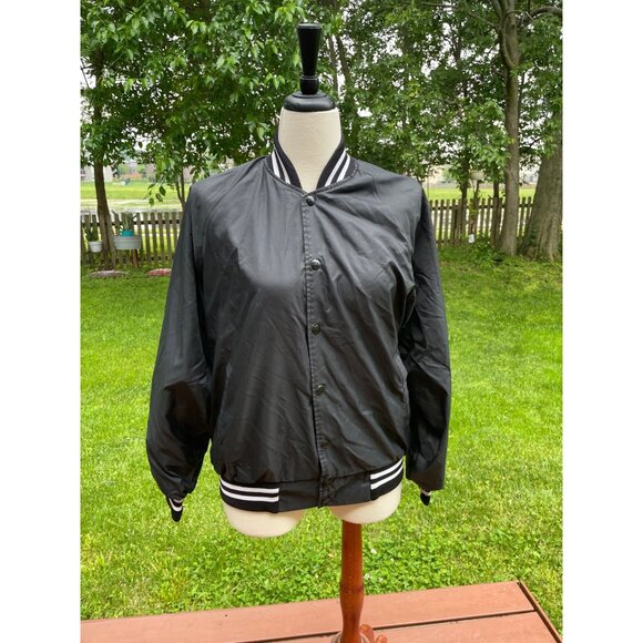 Vintage Auburn USA Black Bomber Jacket With Striped Ribbed Collar & Cuffs Lightw - Picture 1 of 8